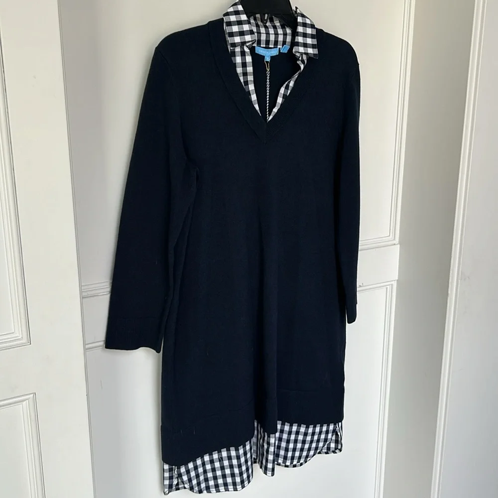 DRAPER JAMES Wool and Cotton Combo Sweaterdress in Navy Blue White Checkered - Picture 5 of 10